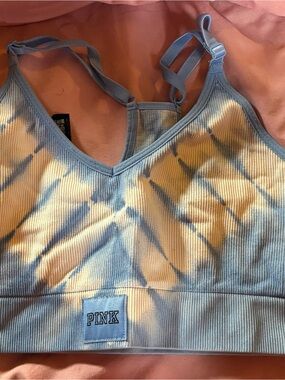 PINK Victoria's Secret Blue and Cream Tie-Dye Ribbed Bralette